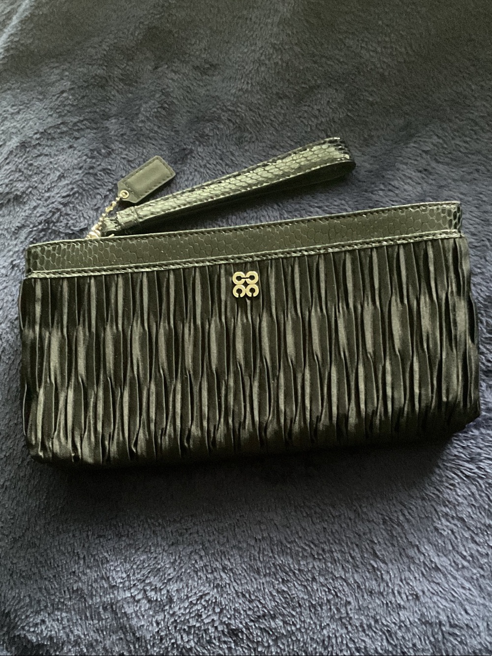 Coach Black Pleated Wristlet Clutch with Gold Logo Emblem